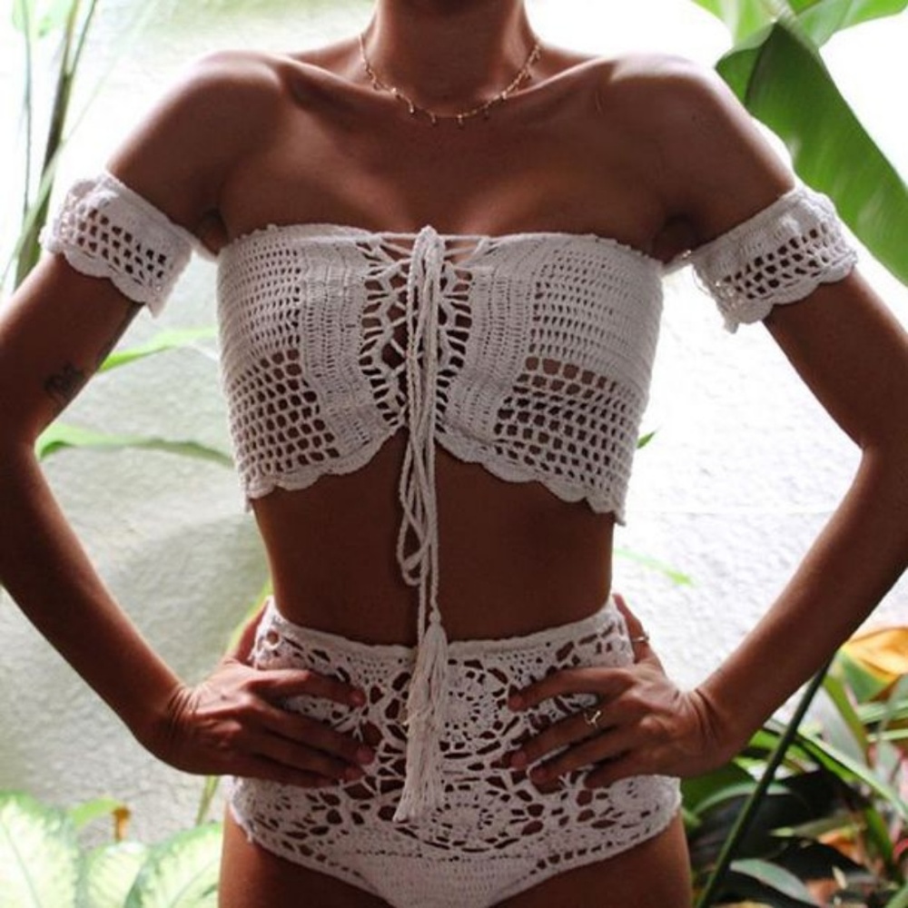 NEW Off Shoulder Crochet High Waist Bikini - Picture 4 of 8